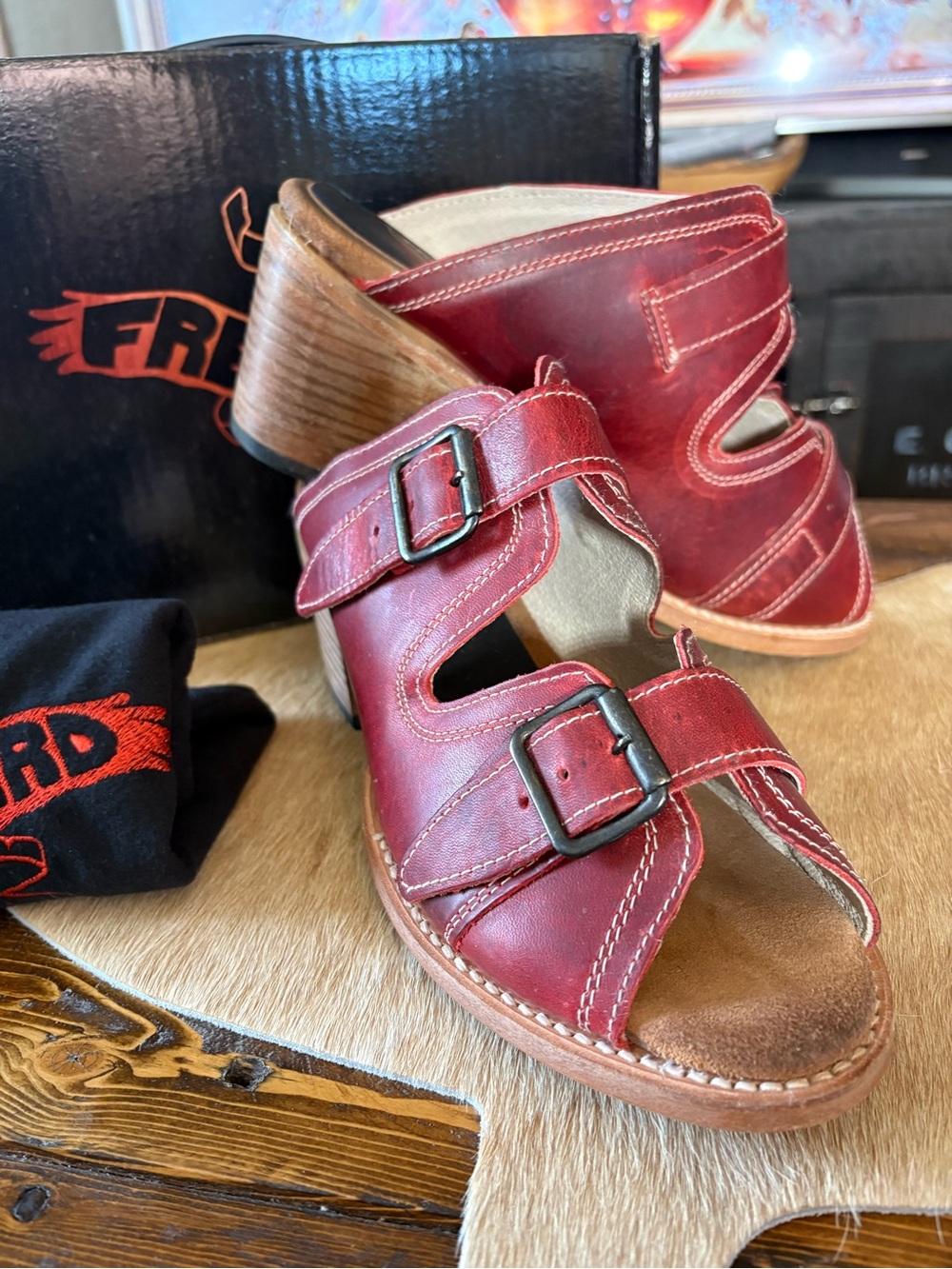 Freebird by Steven Red Leather Buckle Mules with Wooden Heel